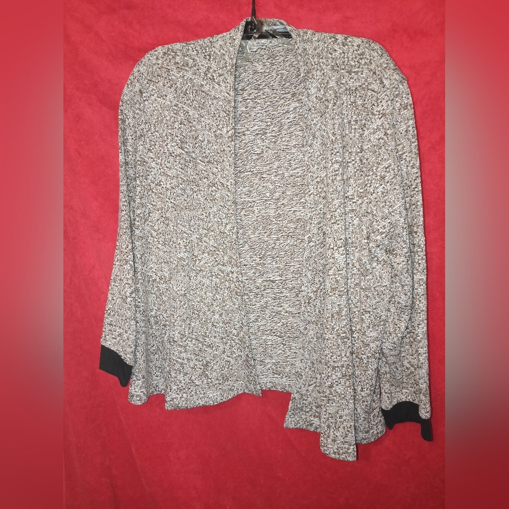 Jones New York Collection - Tan-white-black heather knit drape front cardigan, L